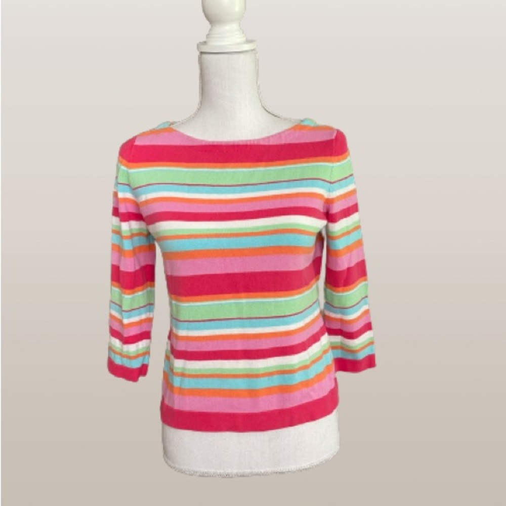 Chaps women’s sweater, multicolored stripe orange, red, pink teal size PS